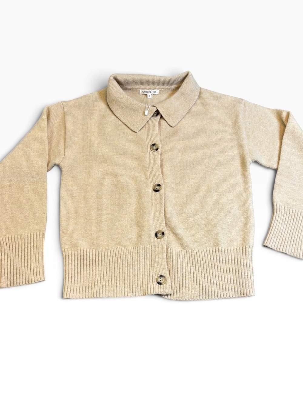 Crochetist Cropped Collared Knit Cardigan Sweater Beige Small NWOT